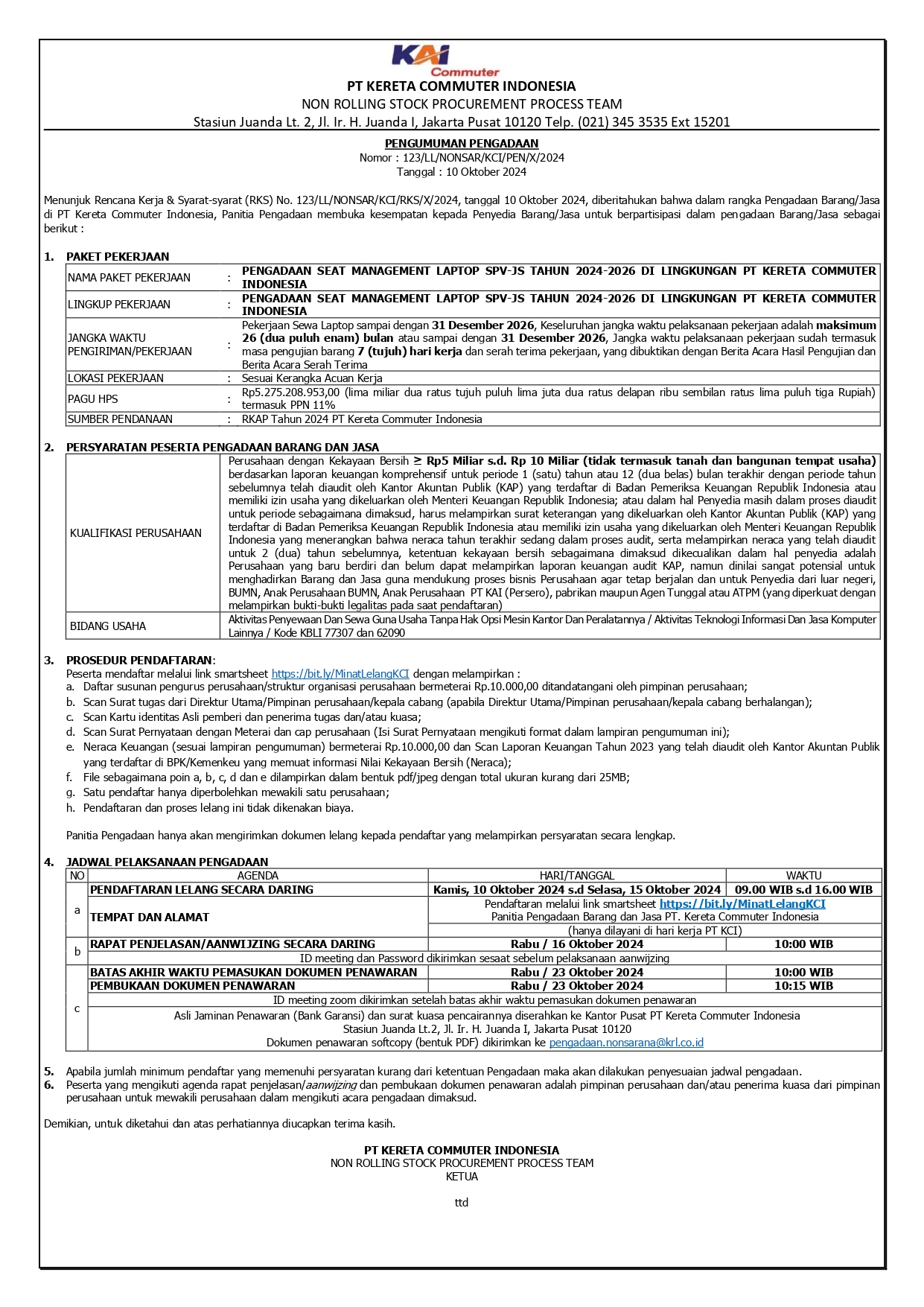 2 pengumuman 123 pengadaan seat management laptop spv js tahun 2024 2026 di lingkungan pt kci page 0001